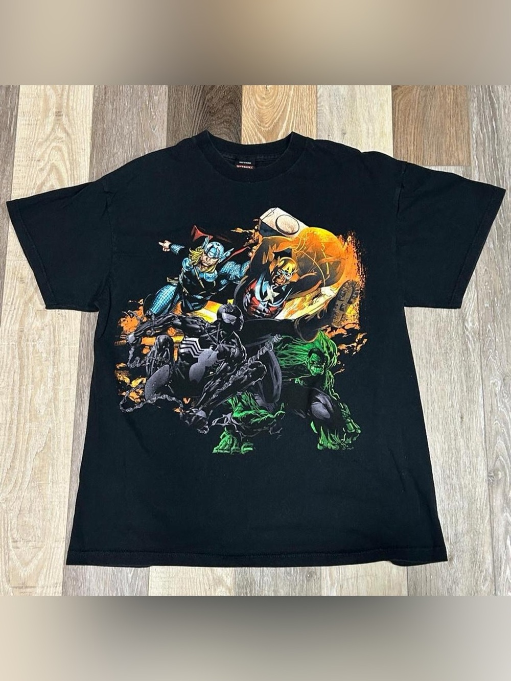 MAD Engine Black Marvel Character Graphic Tee with Orange & Green Accents